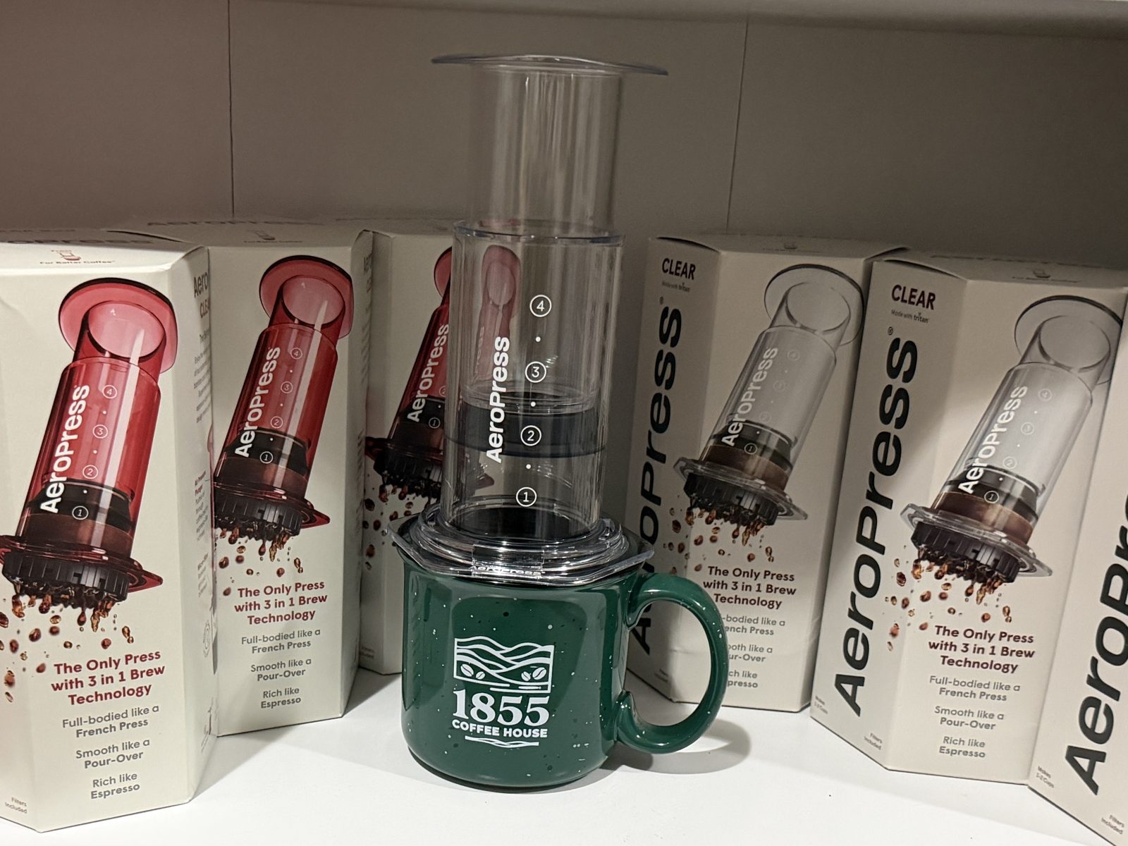AeroPress brewers and 1855 camp mug