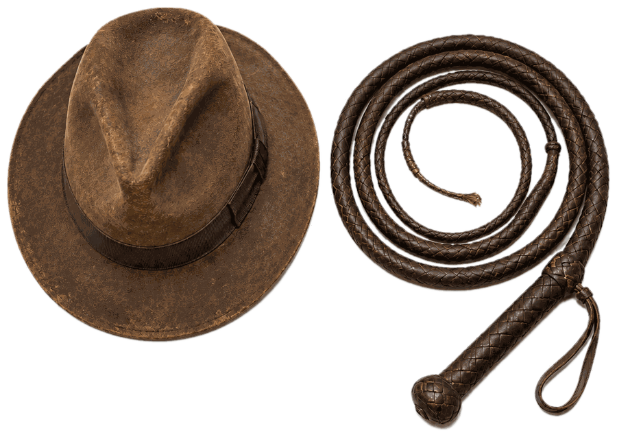 A well-worn fedora and coiled bullwhip resting on the map